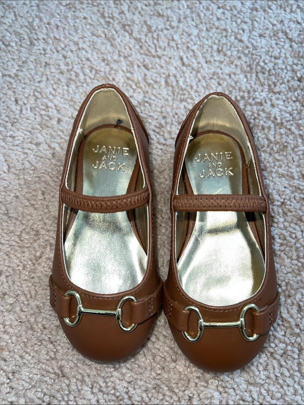 Worn ONCE! Janie and Jack Girls' Brown Mary Jane Flats with Gold Bit